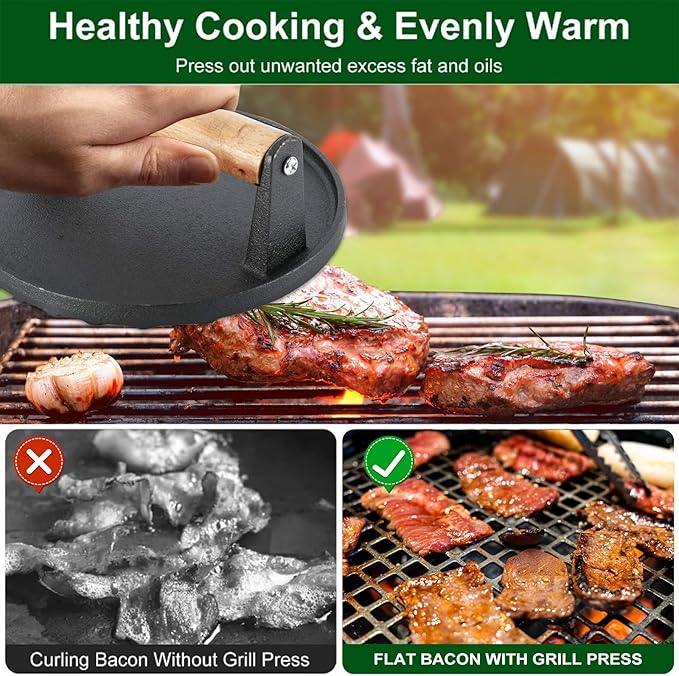 Iron Burger Press, 6.8'' Round Heavy-Duty Cast Iron Smash Bacon Press, with Non-Slip Wooden Handle, Grill Weight for Griddle, Sandwich, Nonstick Pan