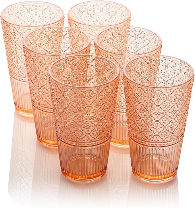 Victoria Blush Set of 6 Premium Acrylic Ice Tea Glass 22 oz – Unbreakable Glassware with Elegant Embossed Design, Dishwasher Safe for Indoor & Outdoor Use