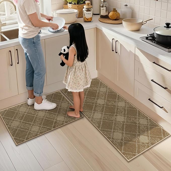 COSY HOMEER Kitchen Rugs and Mats Sets 2PCS Non-Slip Soft Kitchen Mats for Floor Absorbent and Stain Resistant Kitchen Floor Mat Washable Plaid Rugs for Kitchen,20"x32"+20"x48",Taupe