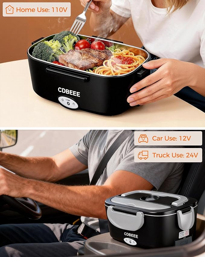 Electric Lunch Box Food Heater - 80W Fast Heating, 1.5L Heated Lunch Box Leak-Proof 304 Stainless Steel Portable Food Warmer, (12V/24V Car/Truck & 110V Home), Ideal for Work/Travel（Black-white）