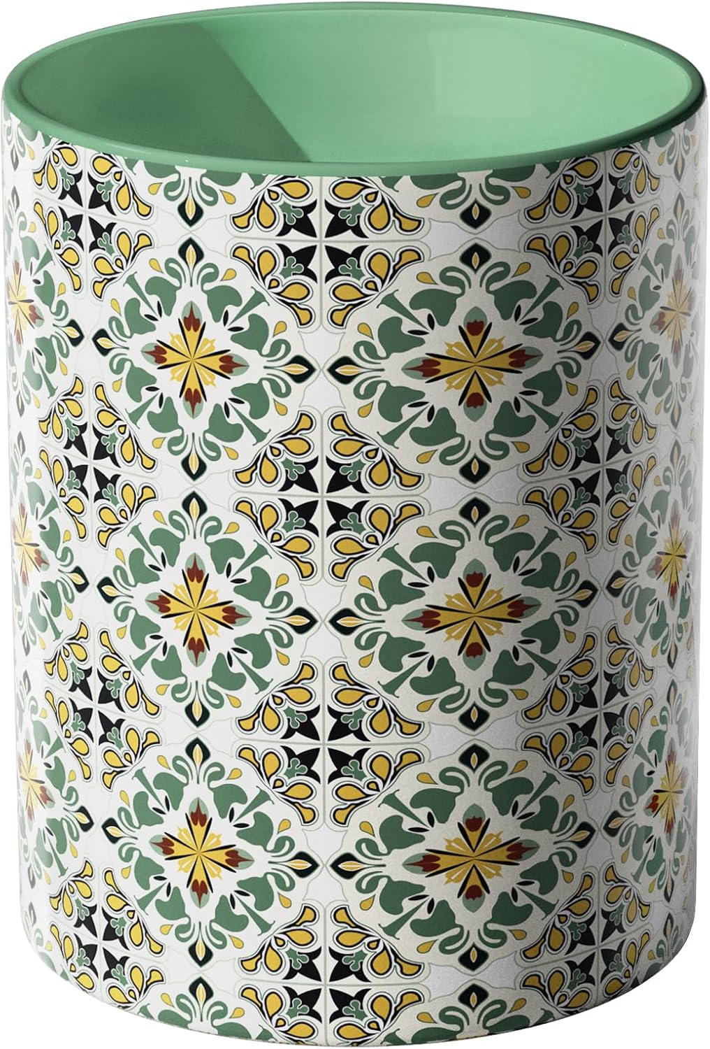Ceramic Kitchen Utensil Holder for Countertop, Embossed Pattern Crock with Kiln-Fired Finish, Counter Organizer for Cooking Tools , Green