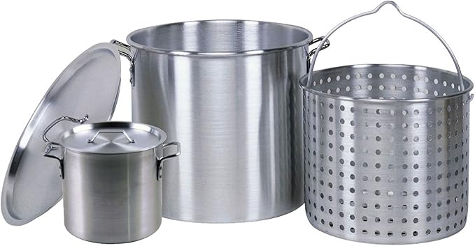 Professional Grade 80 Quart All Purpose Boiling Pot with Basket (3pc) plus a Bonus 12 Quart Stock Pot (2pc) .