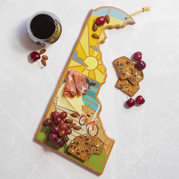 Totally Bamboo Delaware State Shaped Cutting Board and Charcuterie Serving Platter with Artwork by Summer Stokes, Includes Hang Tie for Wall Display