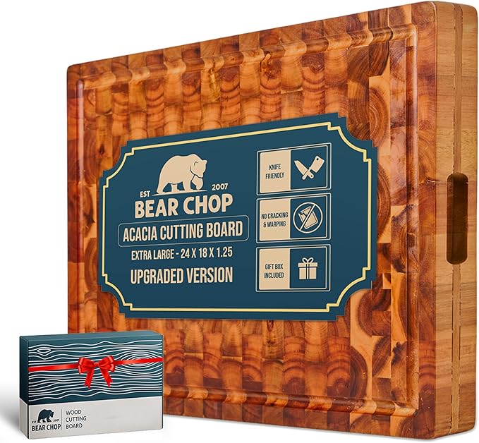 Bearchop Acacia Wood Cutting Board for Kitchen, Butcher Block with 4-Side Reinforced Bar for Anti Crack/Warp, [24"x18"x1.25"] Extra Large End Grain Cutting Boards with Gift Box, Juice Groove, Handle