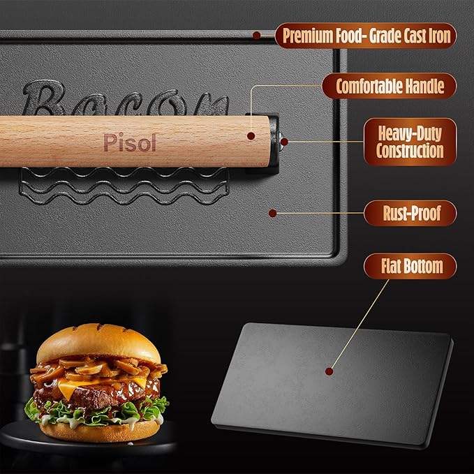 Pisol Bacon Press Smash Burger Press, Pre-Seasoned Cast Iron Hamburger, 2 lb Heavy-Duty Grill Bacon Meat Press Tool with Wood Handle