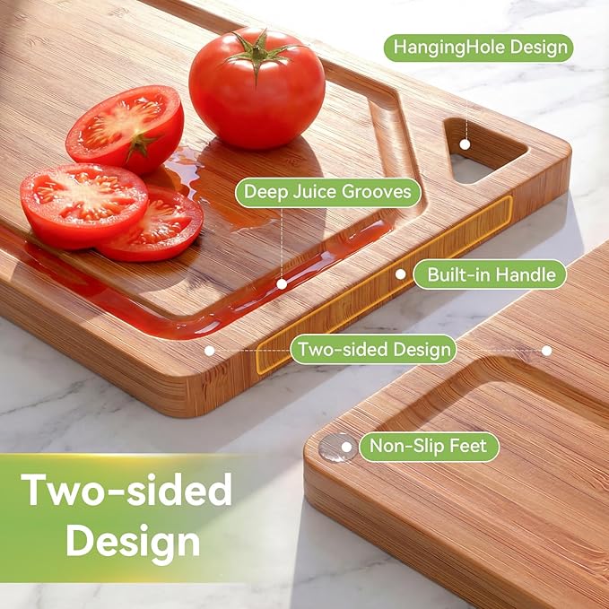 Bamboo Cutting Boards for Kitchen, Wood Cutting Boards with Deep Juice Grooves, 3-Pack Bamboo Cutting Board Set with Holder, Chopping Board & Charcuterie Board for Meal Prep & Serving