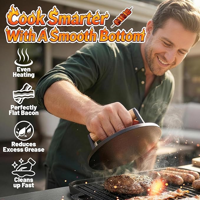 Smash Burger Press 6.5”, Flat Round Edge Cast Iron Grill/Bacon/Meat/Hamburger/Chef Press with Wood Handle, 1.74lb Burger Press Patty Maker for Griddles & Pans, Nonstick Hamburger Smasher Tool for BBQ