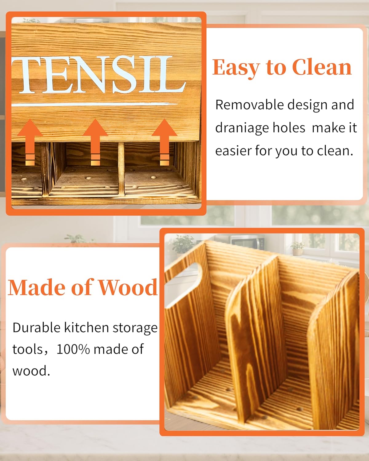 Kitchen Utensil Holder Rustic Large Wooden Utensil Organizer Cooking Tools Storage (Farmhouse Wooden)