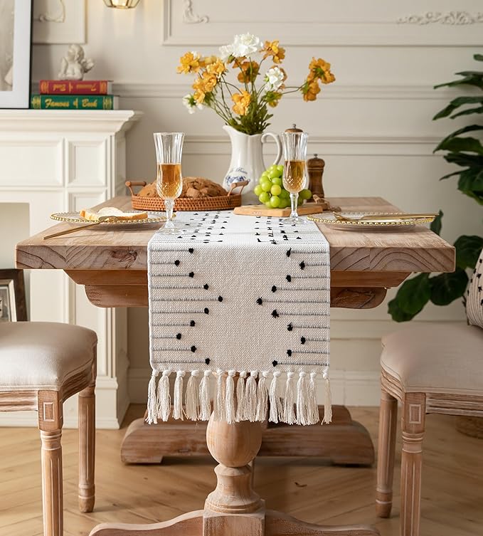 Boho Table Runner 13 x 72 Inch Long Natural Cotton Woven Runner with Tassels for Home Dining Table décor, for Modern Farmhouse Decor Coffee Table Runner, Black and Beige