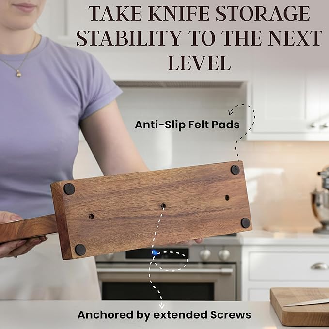 Magnetic Knife Block Double Sided, Magnetic Knife Holder for Kitchen Counter, Acacia Wood Knife Block Without Knives with Anti-Skid Base