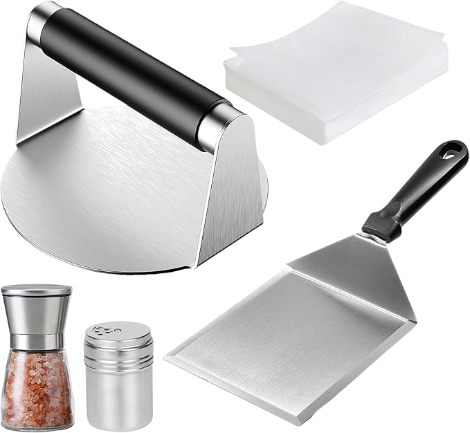 Smash Burger Press Kit - Stainless Steel Burger Smasher & Wide Spatula Set with 100pcs Patty Paper, Shakers, Tongs - Heavy Duty Griddle Accessories BBQ Tools for Flat Top Grill & Cast Iron Skillet