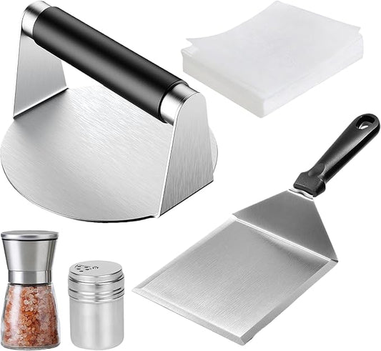Smash Burger Press Kit - Stainless Steel Burger Smasher & Wide Spatula Set with 100pcs Patty Paper, Shakers, Tongs - Heavy Duty Griddle Accessories BBQ Tools for Flat Top Grill & Cast Iron Skillet