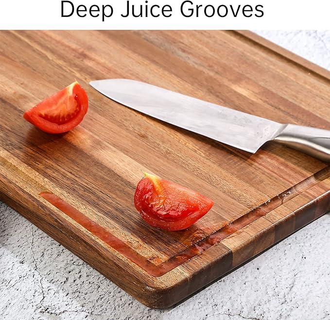 Large Acacia Wood Cutting Board for Kitchen - Caperci Better Chopping Board with Juice Groove & Handle Hole for Meat (Butcher Block) Vegetables and Cheese, 18 x 12 Inch