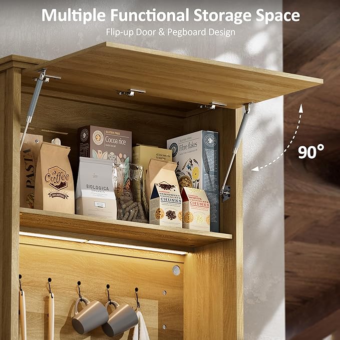 72" Tall Kitchen Pantry with Hydraulic Flip Up Door, Storage Cabinet with LED Lights&Charging Station, Drawer and Adjustable Shelves, Cupboard for Kitchen, Dining Room, and Hallway, Natural