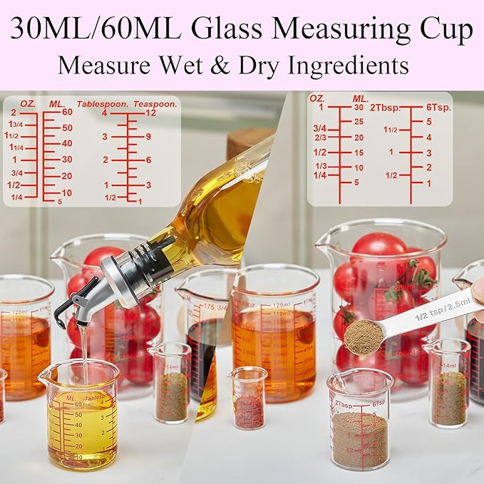 Ackers 7-Piece Glass Measuring Cup Set, Borosilicate Beaker Style Nesting Liquid Measuring Cups