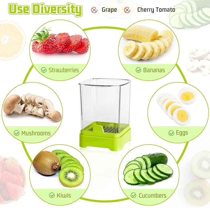 3-in-1 Strawberry Banana & Egg Slicer Cup | Detachable Fruit Cutter with Push Plate for Effortlessly Safe Slicing | Quick Meal Prep & Snacks Kitchen Gadget (Food green)