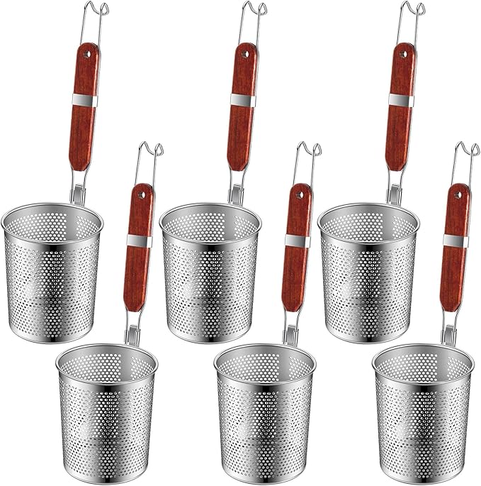 Tessco for you 6 Pcs Stainless Steel Pasta Basket with Wood Handle Pasta Strainer Kitchen Mesh Spider Noodle Strainer Skimmer Food Dumpling Noodle Blanching Basket(4.7 Inch,Red Brown)