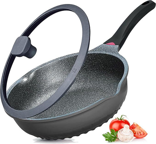 Vinchef New Handle Update 11In/5Qt Aluminum Nonstick Deep Frying Pan with Lid and Heat Indicator, Anti Scratch and Anti Stain Deep Saute Pan, Induction Compatible