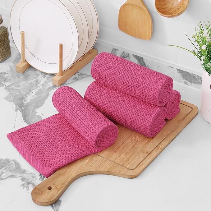 Kitinjoy 100% Cotton Waffle Weave Kitchen Towels, 12-Pack Super Soft and Absorbent Dish Towels for Drying Dishes, Kitchen Hand Towels, 13 in x 28 in, Hot Pink