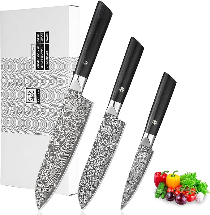 zayiko Black Edition 3-pc Damascus knife set, blades 3.3 to 7-inch in length - extremely sharp from 67 layers of genuine Japanese damascus steel with Pakkawood handles, chef's knife set