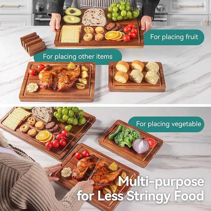 Acacia Wood Cutting Board，Solid Wood Cutting Board for Kitchen with Holder with Deep Juice Grooves & Built-in Handles, Durable Wooden Chopping Board Set of 3 for Meat, Vegetables and Fruits
