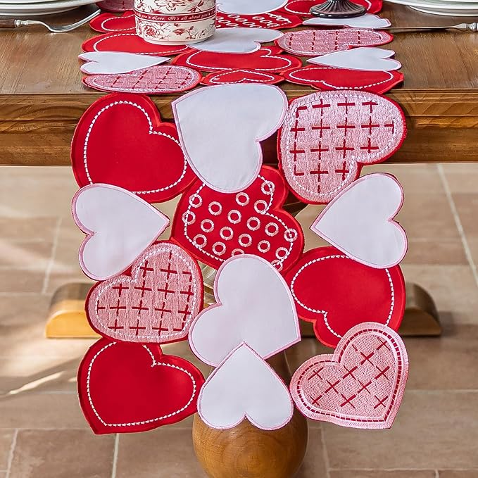 Joyfol Day Valentine’s Day Table Runner 14x86 Inch, Cutwork Embroidered Red Heart Decoration for Wedding Anniversaries, Proposals & Romantic Parties