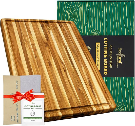 BEEFURNI Teak Wood Cutting Board with Juice Groove Hand Grip (XL, 24x18x1.5"), Extra Large Cutting Boards for Kitchen, Butcher Block, Serving & Charcuterie Board, Christmas Gift Box, 1-year Warranty