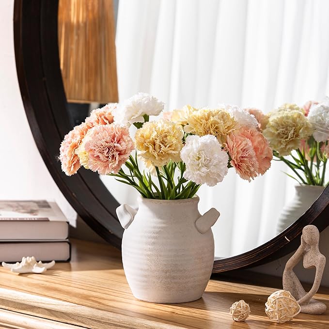 Ceramic Flower Vase Home Decor - Farmhouse Table Vases with Handle Living Room Decoration Vintage Decorative Aesthetic for Shelf Coffee Dining Desk House Bookshelf Fireplace (6" Rustic)