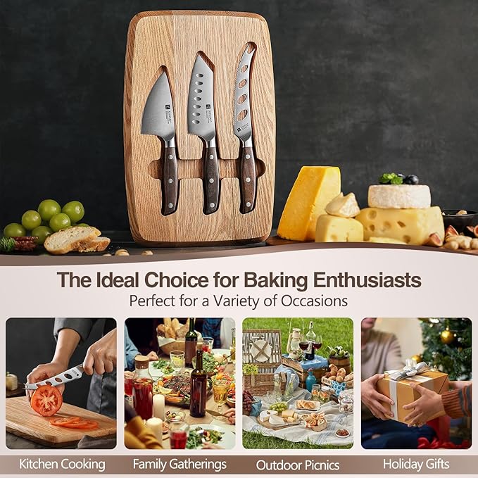 XINZUO Cheese Knife Set with In-Drawer Block, 4-Piece for Charcuterie Board,Hard Cheese Knife-Parmesan Cheese Knife,German Stainless Steel,Red Sandalwood Handle