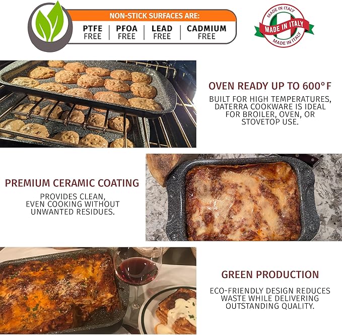 DaTerra Cucina Nonstick Baking Bundle – Roasting & Lasagna Pan, Twin Pack Ceramic Baking/Cookie Sheets, Dual Covered Roasting Pan Set – Made in Italy, Volcanic Black