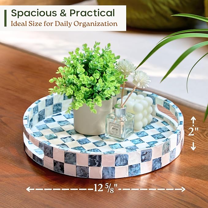 12.6 Inch Round Capiz Shell Decorative Tray with Handles, Serving Tray for Coffee Table & Ottoman, Coffee Table Trays for Living Room, Kitchen, Bathroom (Navy Blue)