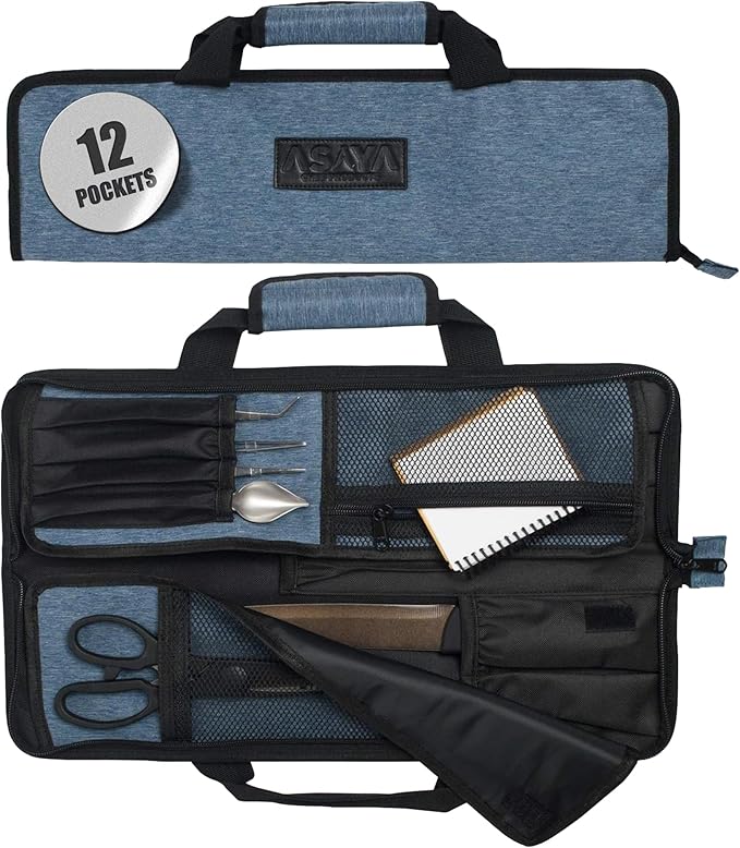 Asaya Chef Knife Roll Bag - 12 Pockets for Knives and Kitchen Utensils - Lightweight, Durable, and Stain Resistant Nylon - Perfect for the Traveling Chef - Knives not Included