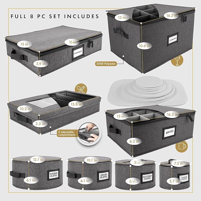 Homelux Theory Silverware Organizer with Lid, Hard Shell China Storage Containers for Flatware Storage, Heavy Duty Silverware Storage Box for Packing Serving Utensils with 5 Dividers and Thick Surface