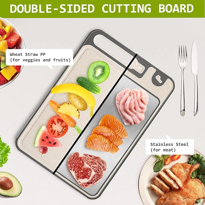 NTIERA 3-in-1 Stainless Steel Cutting Board for Kitchen, Double Sided, Cutting Board,Scratch-Resistant Mesh Design with Juice Groove,Easy Clean,Wheat Straw PP Large Chopping Board 15 * 11IN