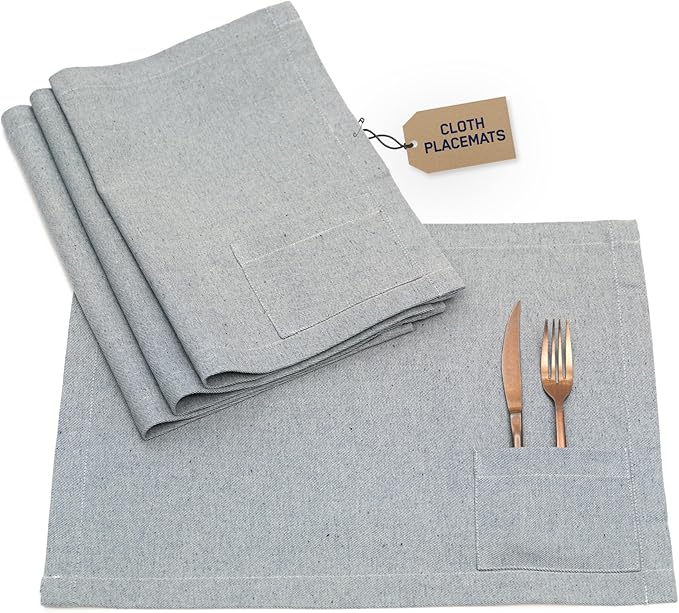 MEEMA Cloth Placemats with Pockets Set of 4 | 14 x 20 in | Recycled Denim and Cotton Farmhouse Placemats - Blue with Pocket | Washable Placemats for Dining Table, Tablemats for Special Ocassions