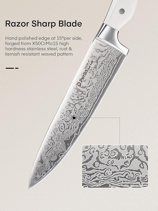 Knife Set, D.Perlla 15 Pieces Kitchen Knife Set with Built-in Sharpener, Stainless Steel kitchen Knives with Unique Waved Pattern, Non-slip Handle, Brown