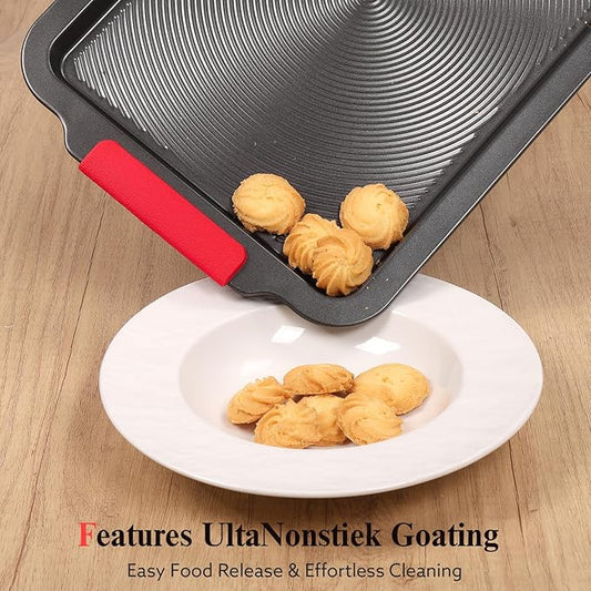 Biubumtu Baking Sheet with Circle Grooves, 1-Piece 16x11in Nonstick Cookie Sheets for Baking & Roasting, Baking Pans with Red Grips, PFAS/PTFE Free,Gray