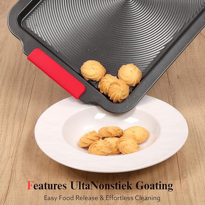 Biubumtu Baking Pans Set with Circle Grooves, 2-Piece 16x11in Nonstick Cookie Sheets for Baking & Roasting, Baking Sheet with Red Grips, PFAS/PTFE Free,Gray