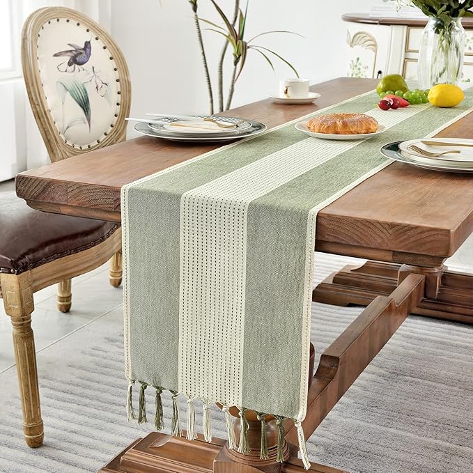 Wracra Linen Table Runner, Farmhouse Macrame Table Runners 60 Inches Long for Dining Table Decor, Wedding, Party and Dresser Decor (Sage Green,60")