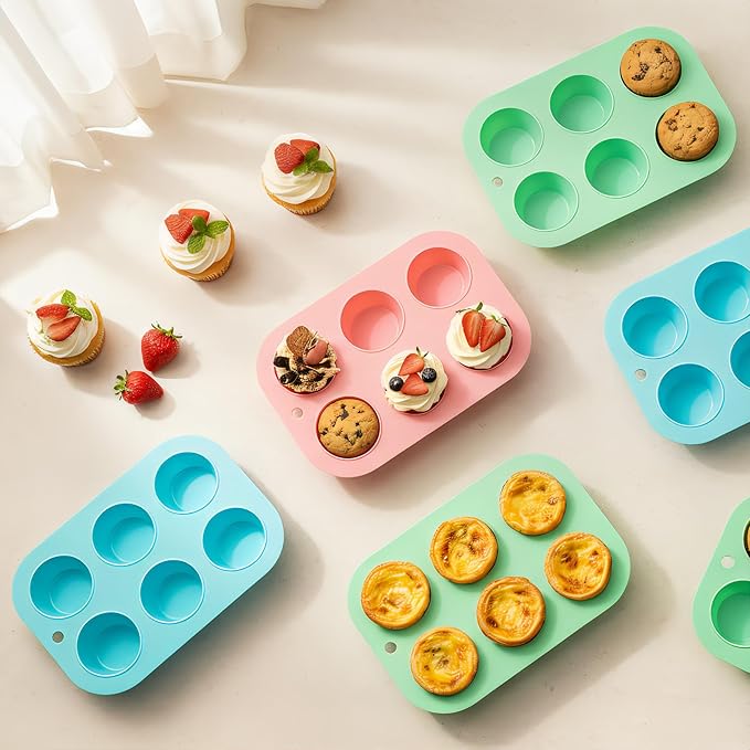 Firstfooby 2 Pack Silicone Muffin Pan for Baking, Regular Size Nonstick Cupcake Pan, 6-Cup Silicone Muffin Tin BPA Free Dishwasher Safe, Great for Muffin Cupcake Brownie Egg Tart