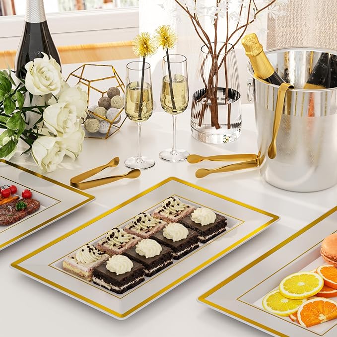 6 Sets Plastic Serving Trays with Serving Tongs, White & Gold Rim Disposable Plastic Serving Platters for Food Fruit Dessert Tea Party Wedding