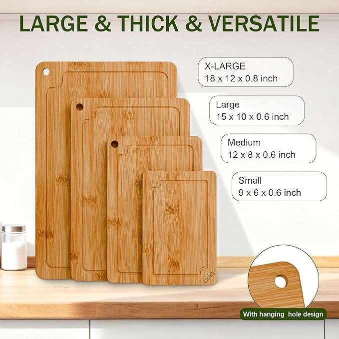 Bamboo Cutting Boards for Kitchen, 4-Piece Wood Cutting Board Set with Juice Grooves & Built-in Handles, Easy Storage & Clean Chopping Board for Meat, Vegetables, Fruit