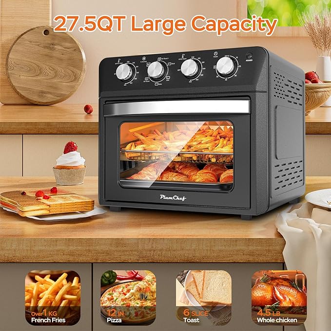 Plum chef 27.5QT 6-in-1 Air Fryer Toaster Oven Extra Large Dropdown-Door 6-Slice Convection Oven for Air Frying, Baking, Roasting, Broiling & Grilling, Stainless Steel Housing, Black