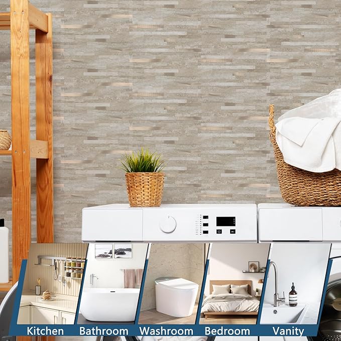 Yipscazo 40 Sheets PVC Wall Tiles Stick on Tiles for Backsplash Kitchen, Bathroom, Laundry Room, Camper, Fireplace (6'' X 12'', Rock)
