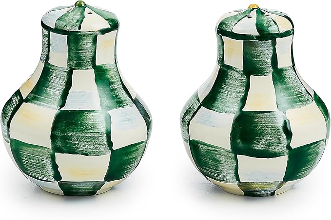 MACKENZIE-CHILDS Enamel Salt and Pepper Shakers, Kitchen Table Spice Shaker Set, Green-and-White Emerald Check, Small