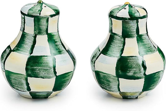 MACKENZIE-CHILDS Enamel Salt and Pepper Shakers, Kitchen Table Spice Shaker Set, Green-and-White Emerald Check, Small