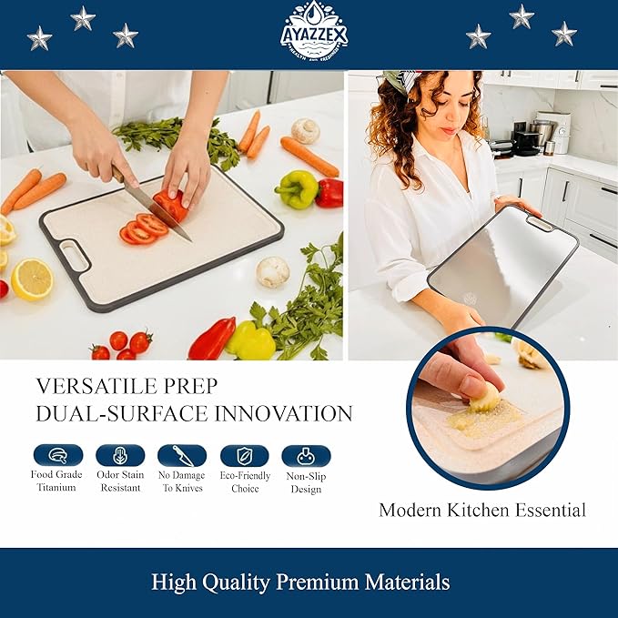 AYAZZEX Titanium Cutting Boards for Kitchen – Double-Sided Food Grade Cutting Board – 99.9% Titanium & Wheat Straw PP (15”×9”) Large Size & Ultra Durable, Easy to Clean - Includes Sponge & Pad & Hook