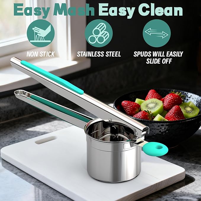 Large 15oz Potato Ricer for Mashed Potatoes, Heavy Duty 18/8 Stainless Steel Potato Masher for Baby Food & Spaetzle Maker, Masher and Ricer Kitchen Tool, Press and Mash Kitchen Gadget, Green