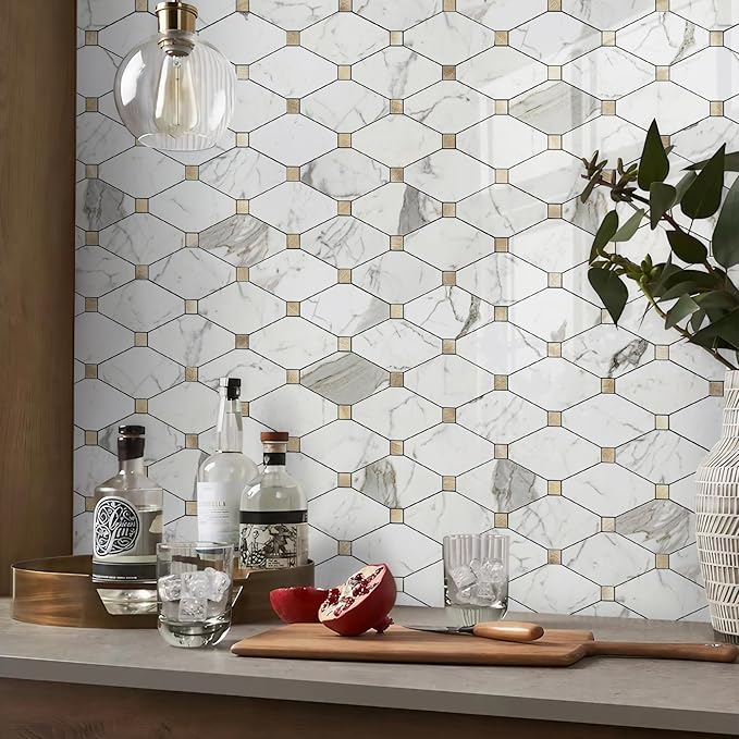 STICKGOO 10 Sheets Peel and Stick Backsplash Tile, Polished Carrara White Marble Look Stick on Backsplash for Kitchen Wall and Bathroom, Glossy Waterproof Self Adhesive Wall Tiles