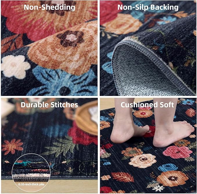 Machine Washable Runner Rug for Kitchen: 2'x6' Hallway Runner Rug Stain Resistant Non Slip Floral Floor Rug with Rubber Backing Non Shedding Soft Carpet Runners for Indoor Entryway Bedroom Bedside
